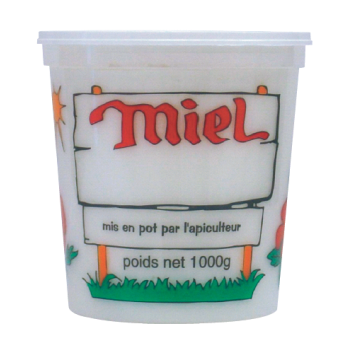 300 pots en plastique pour miel 1 kg PEP NICOT - modèle miel couleurs - avec couvercle