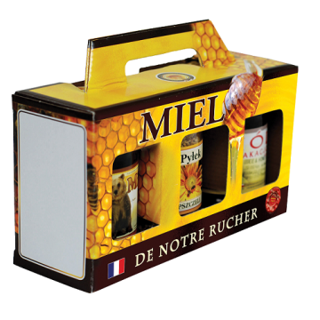 Coffret en carton jaune "Miel de notre rucher" pour emballage de 3 pots en verre 500 g TO63