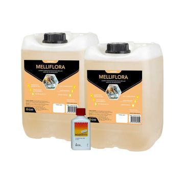 2 bidons de sirop de nourrissement Melliflora 14kg et 1 flacon de Nozevit+ 50 ml